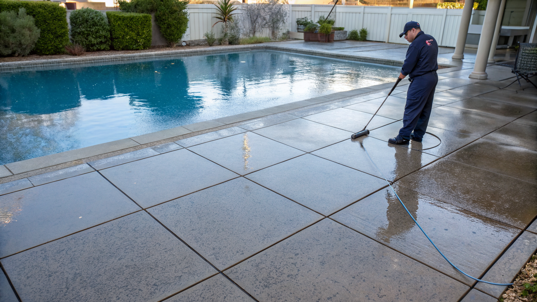 Targeted chemical stain treatment wand lifting deep discoloration from concrete surface