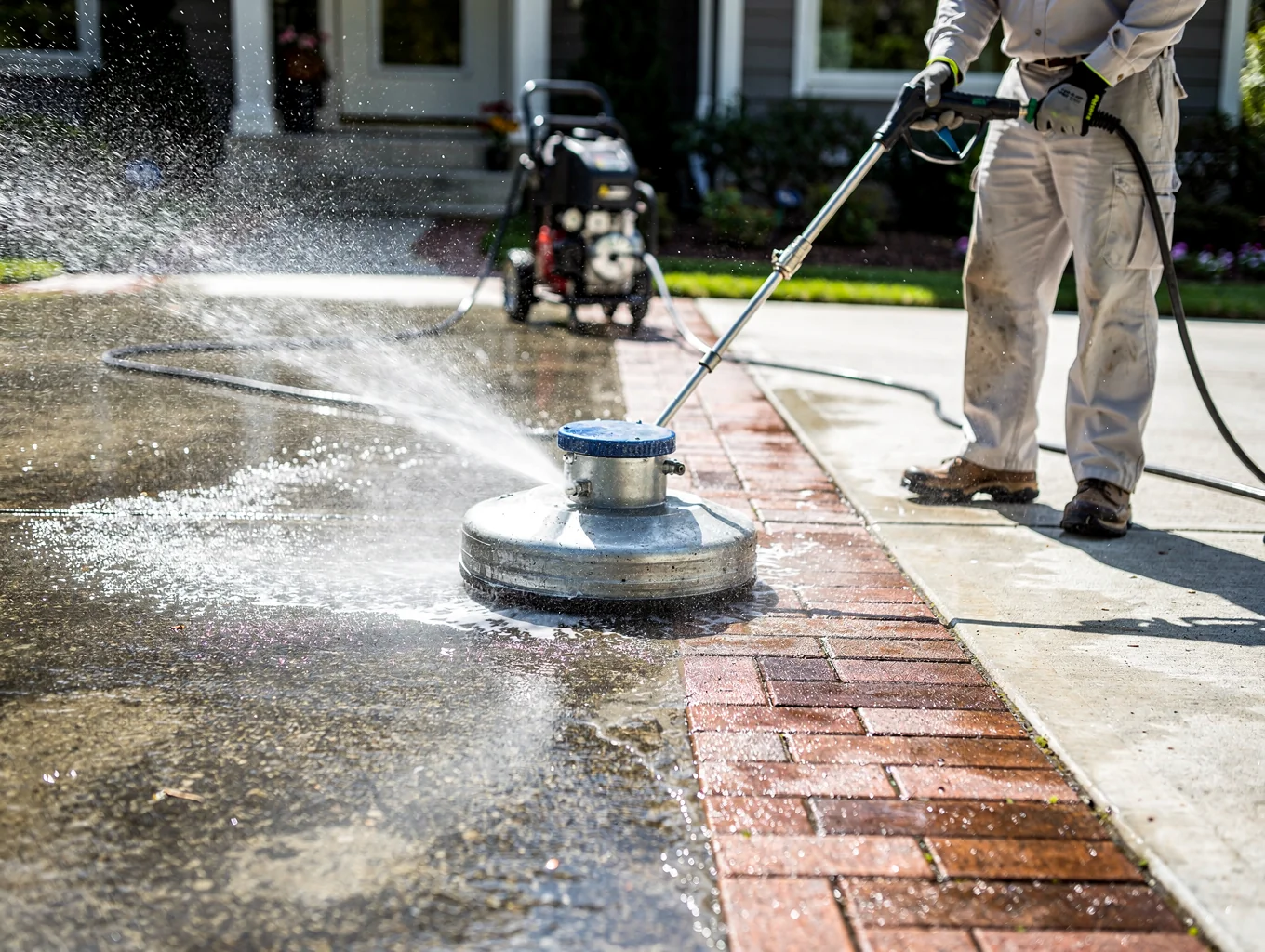 Targeted solution and pressure wash cleaning tough oil and rust stains on driveway concrete