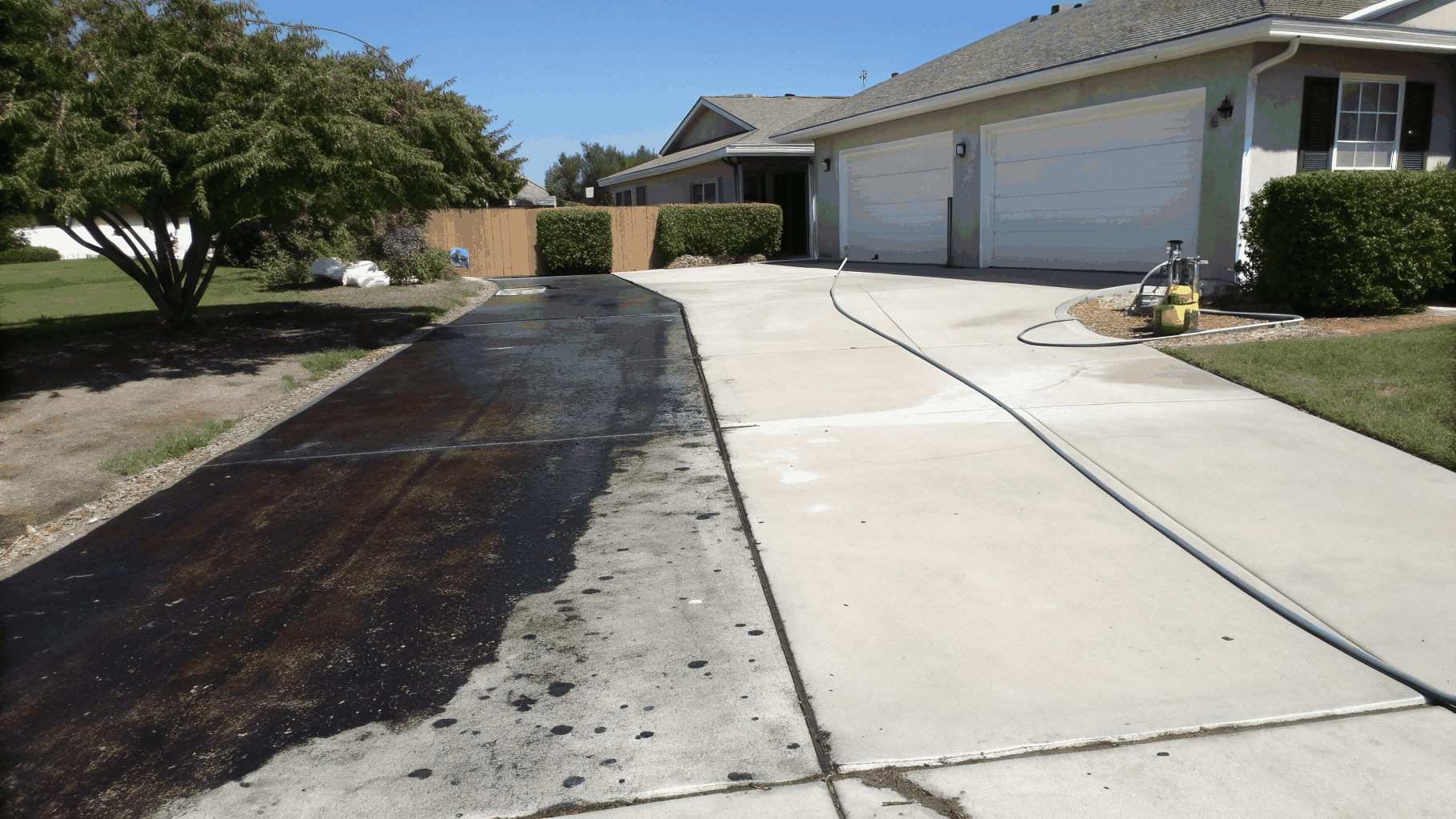 Specialized wand treating a chemical stain on concrete