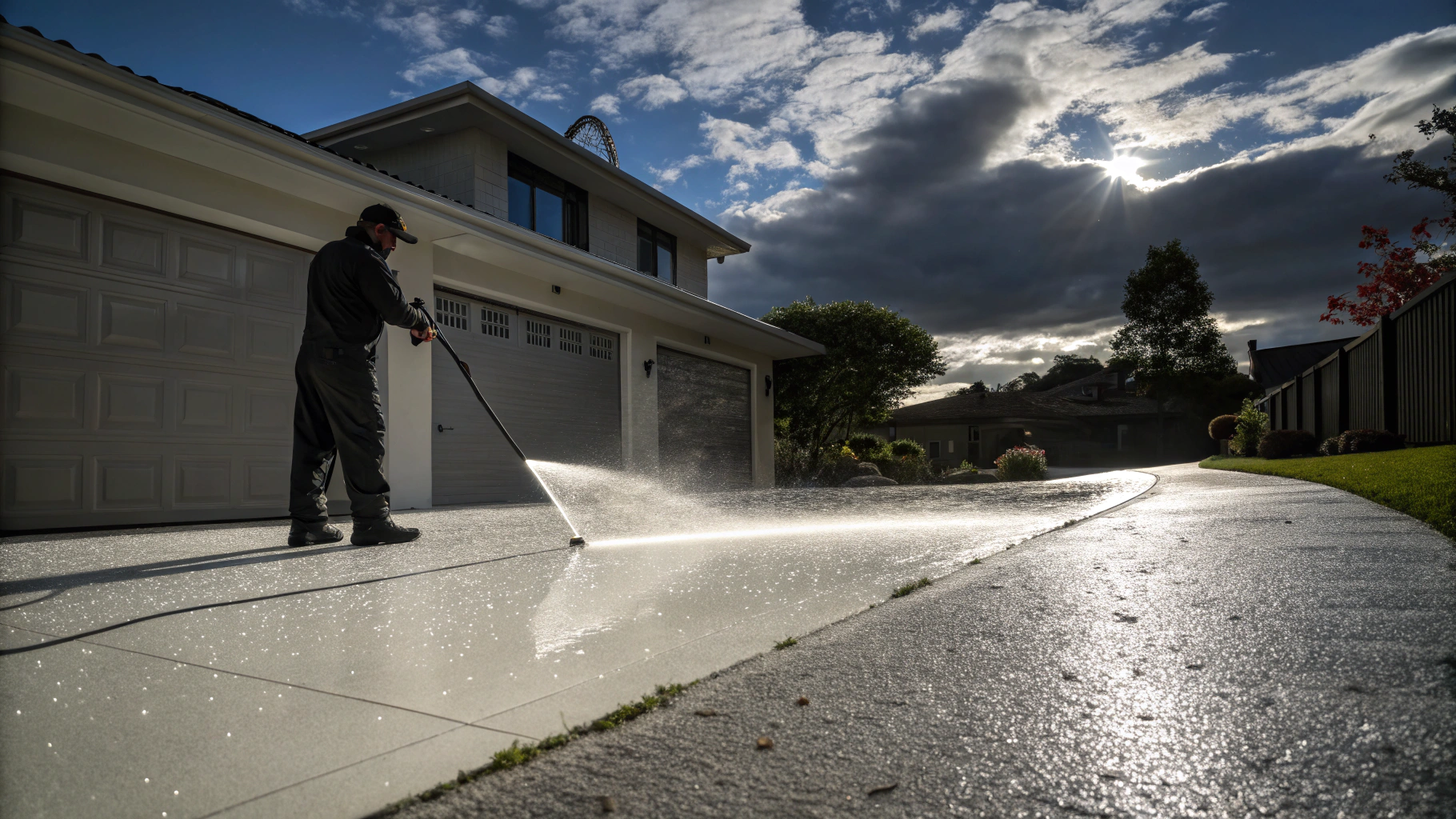 Pressure washer surface cleaner washing concrete driveway in daylight