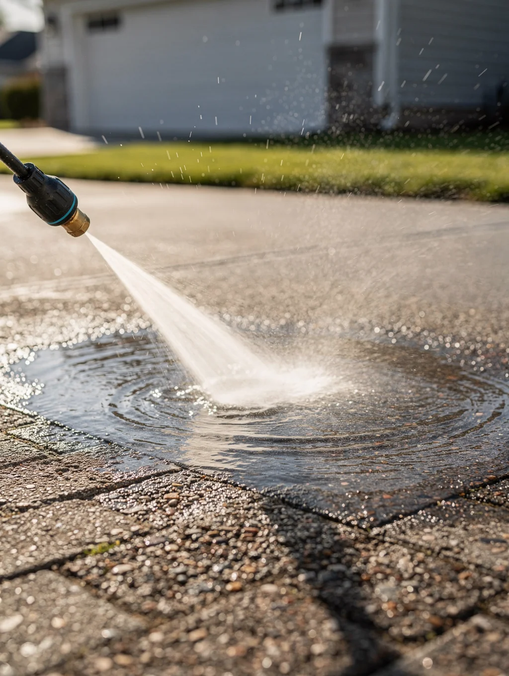 Professional pressure washing wand spraying water across a clean concrete driveway