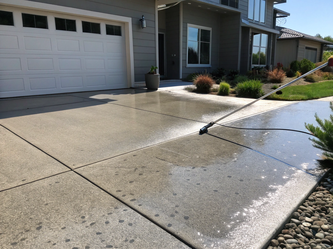 Pressure washer cleaning concrete driveway in Texas