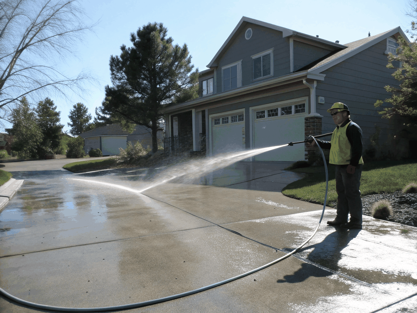 Pressure washing job in progress on a Texas residential driveway.