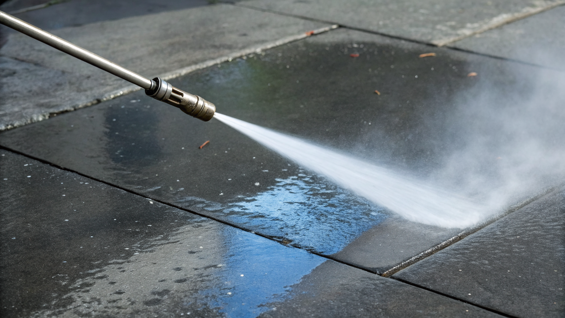 Pressure washing wand cleaning concrete sidewalk path in Texas neighborhood