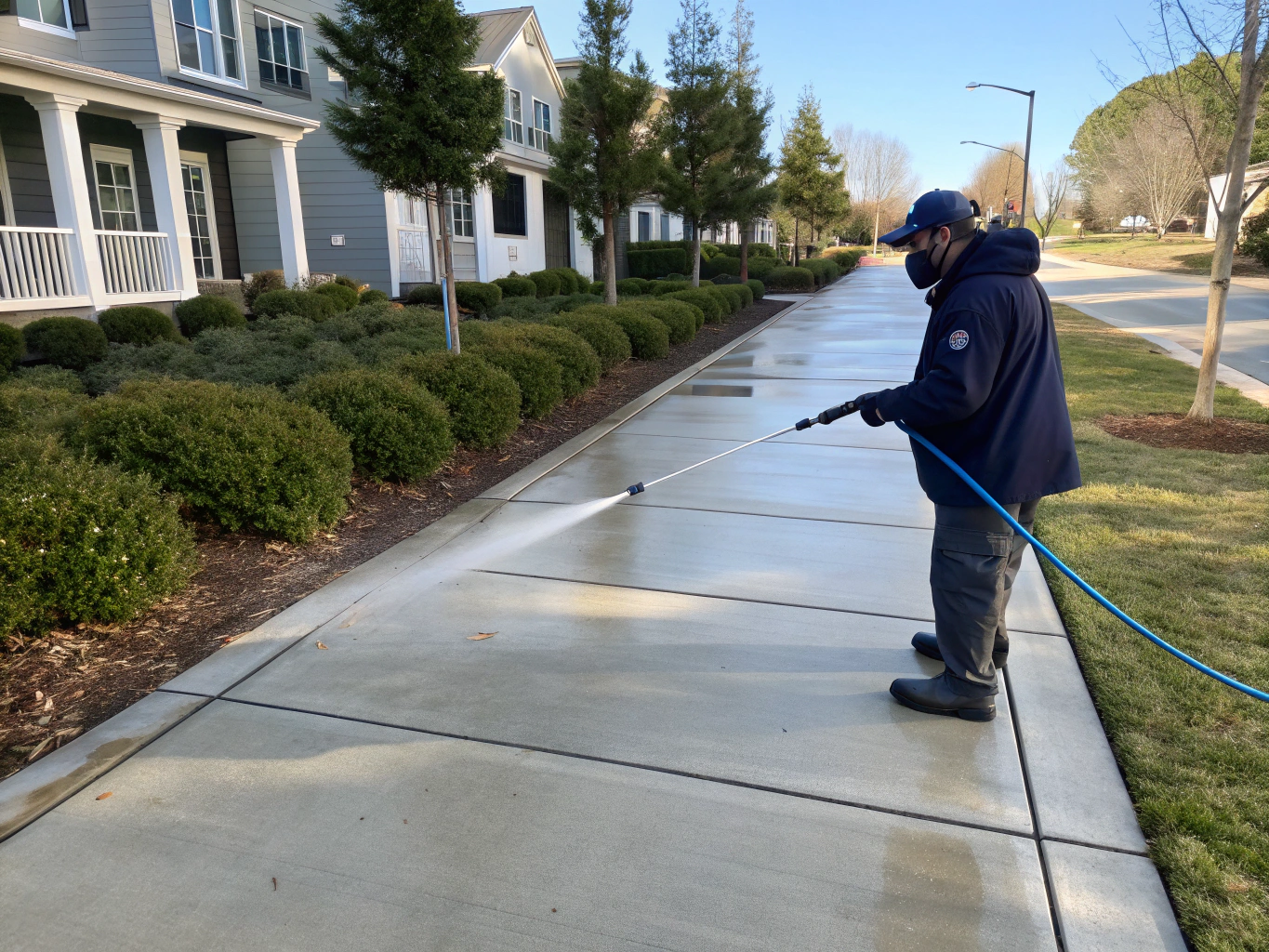 Pressure washing wand cleaning residential sidewalk pathway
