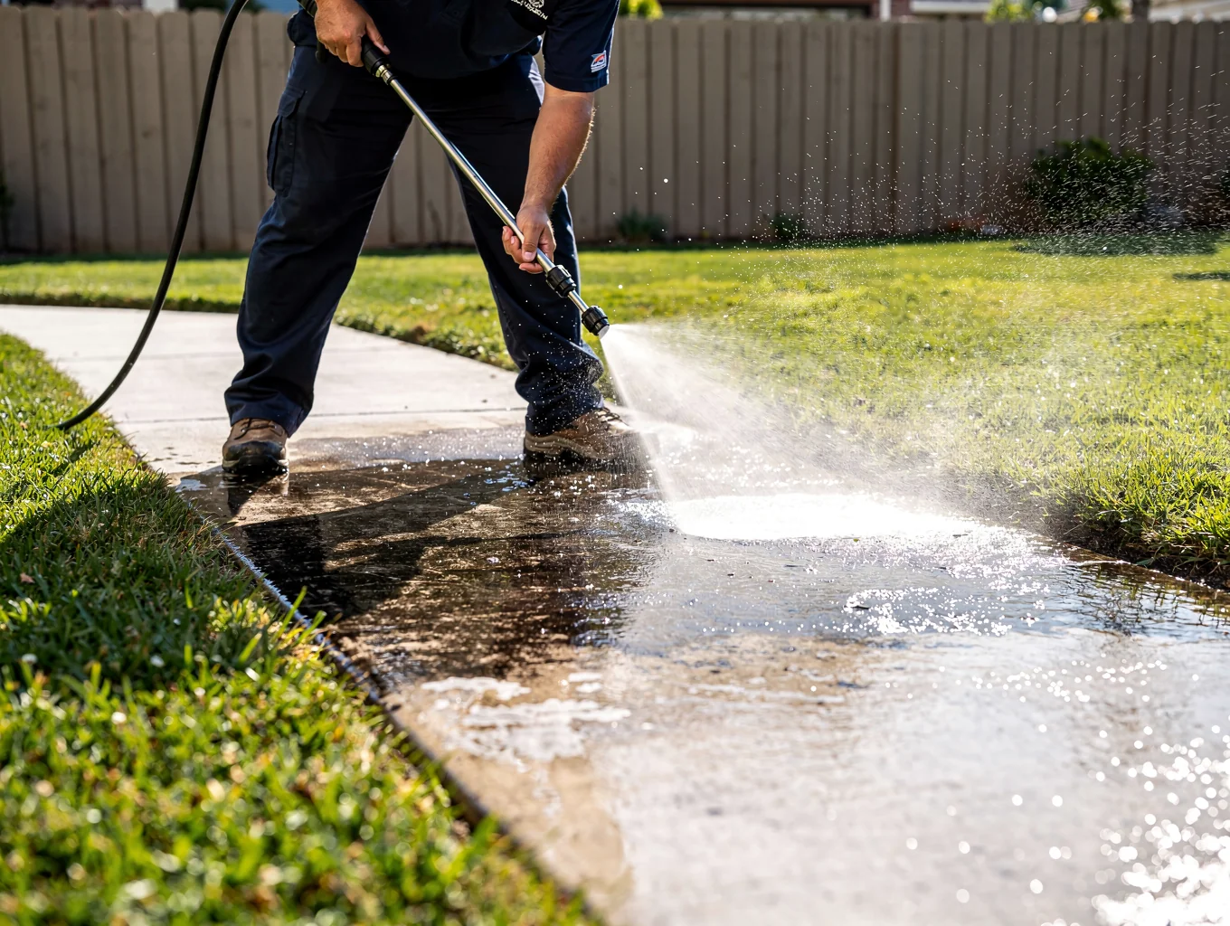 Pressure washing wand cleaning concrete walkway and sidewalk.