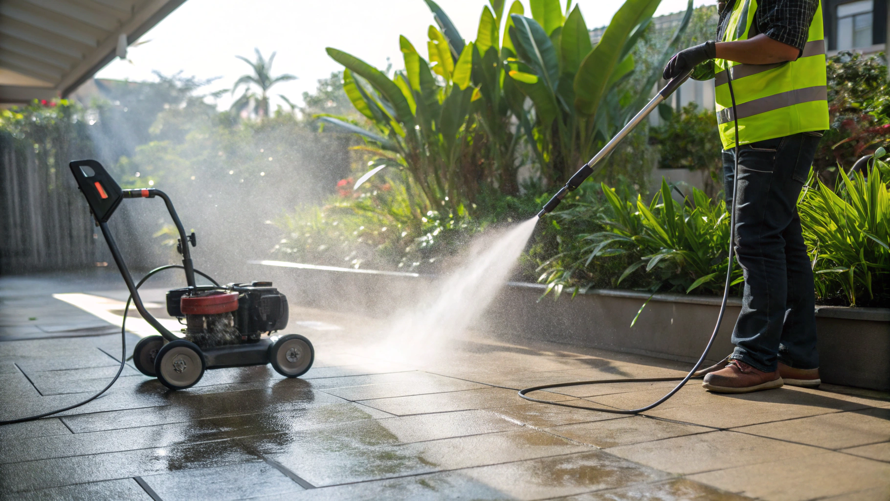 High pressure water wand clearing grime along a Texas suburban home front walkway