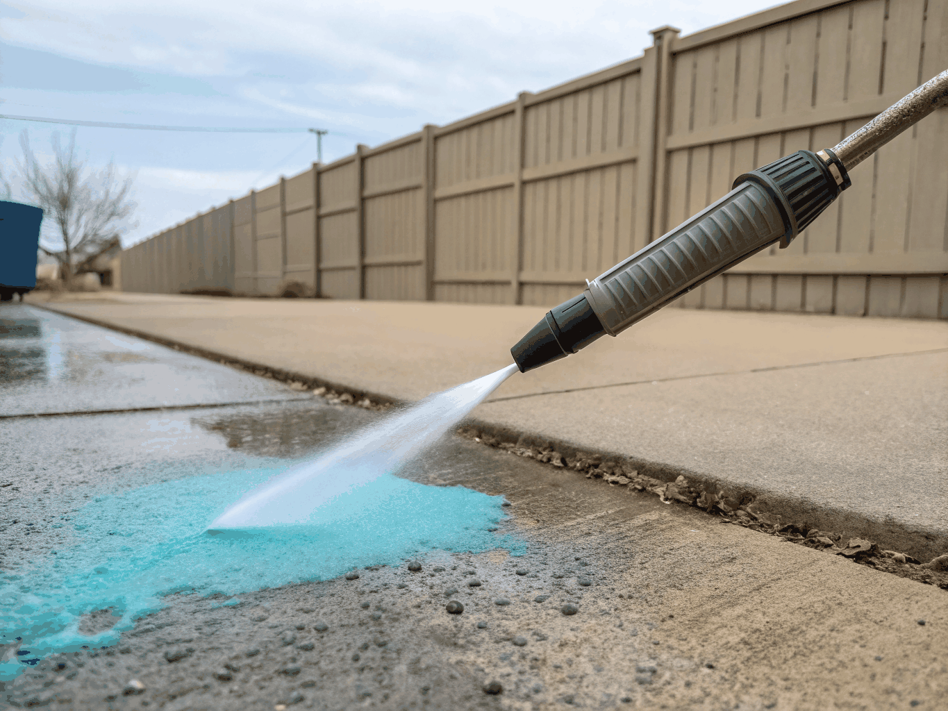 Pressure washing wand treating chemical stain on concrete.