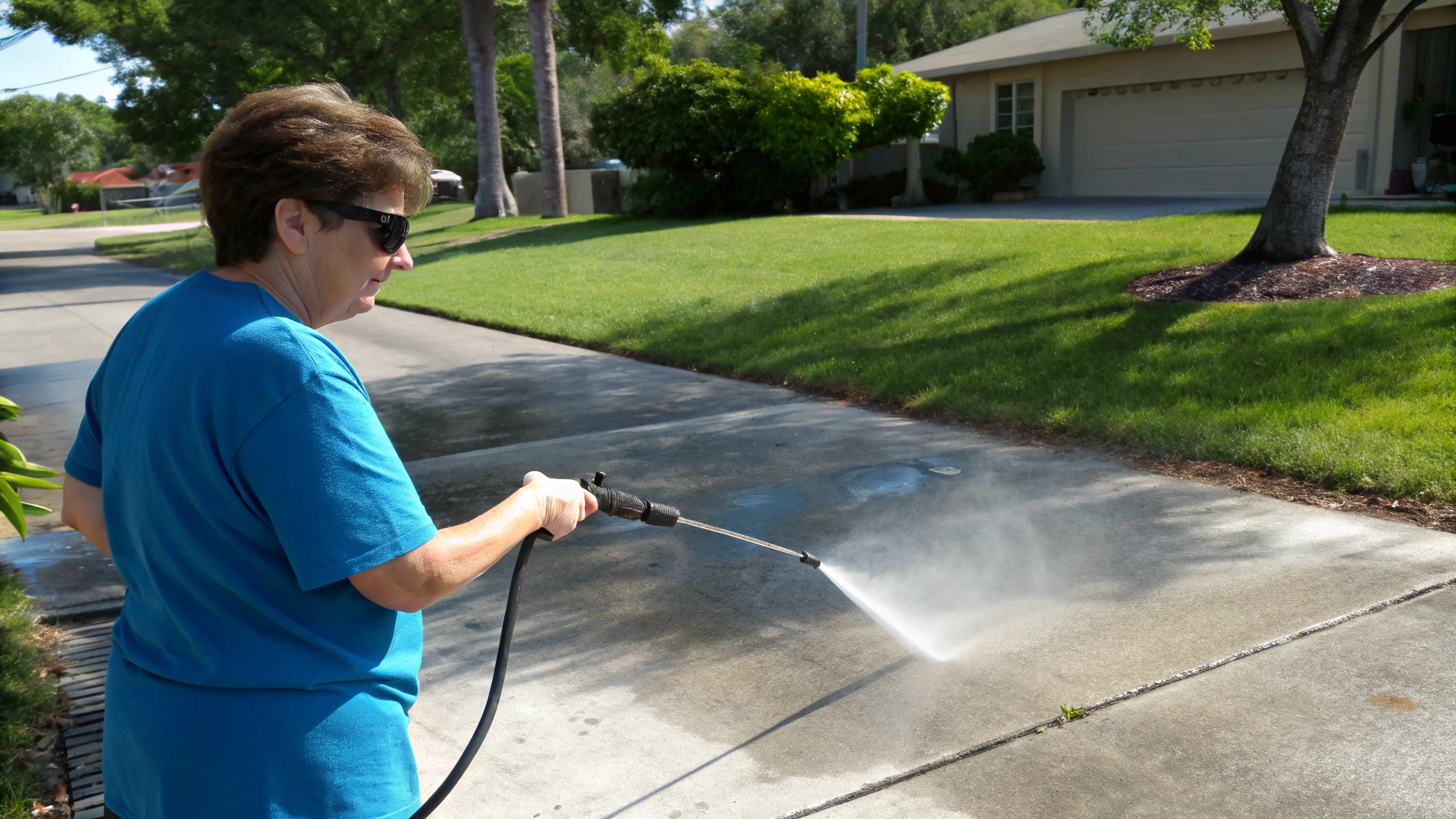 Freshly cleaned sidewalk in a suburban Texas neighborhood.